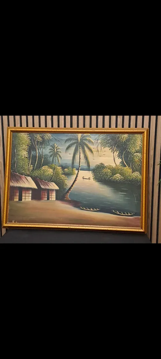 Cuadro paisaje tropical con casas