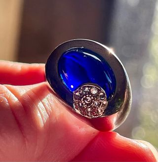 Anillo antiguo baño plata / piedra azul cobalto