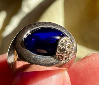 Anillo antiguo baño plata / piedra azul cobalto