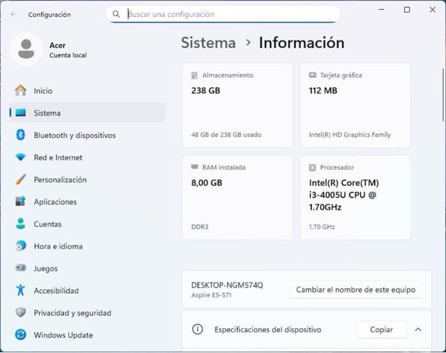 Portátil Acer i3 8GB RAM 240GB SSD ,15’ Windows 11