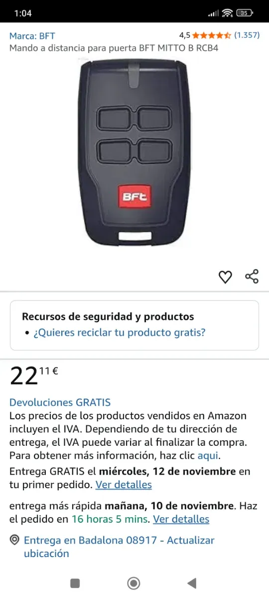 Mando BFT Puerta Garaje 4 Botones