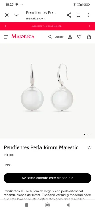 Pendientes Perla 16mm Majestic Majorica