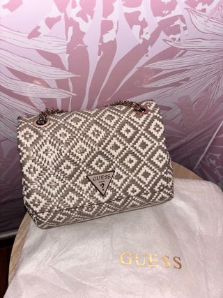 Bolso Guess tejido beige y gris
