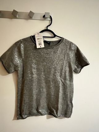 Top lentejuelas plata Talla M, NUEVO