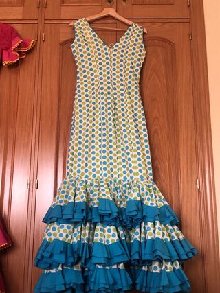 Traje Flamenco Lunares Verde manzana y Turquesa