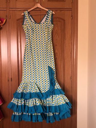 Traje Flamenco Lunares Verde manzana y Turquesa