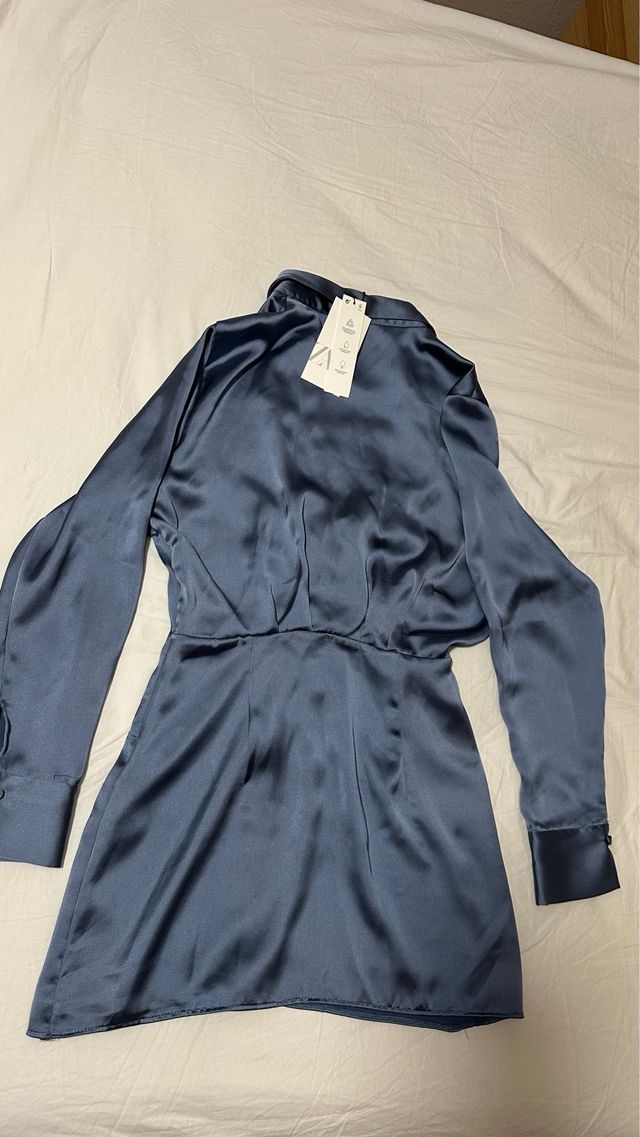 Vestido Zara Azul Satén NUEVO