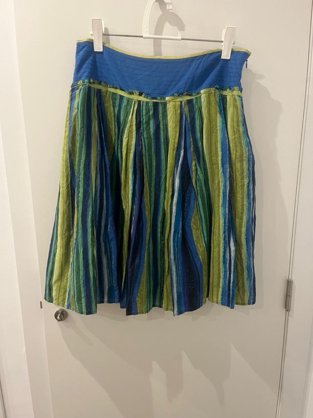 Falda midi rayas azul y verde seda, talla 42