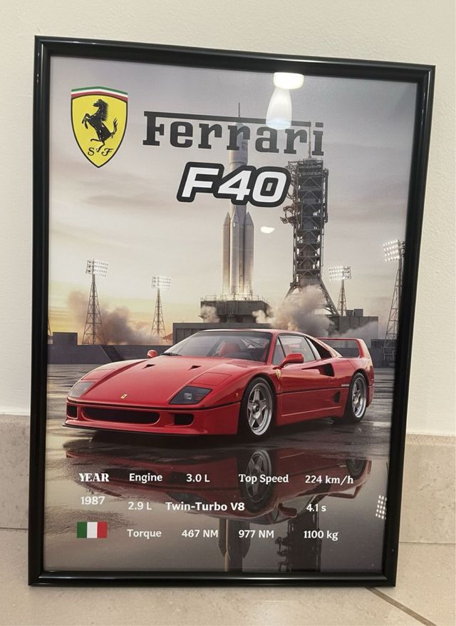 Cuadro Ferrari F40 con especificaciones