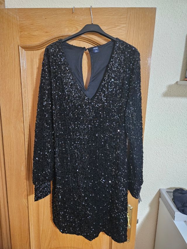 Vestido fiesta lentejuelas negro Kiabi Talla L