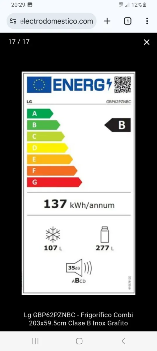 Frigorífico Combi 2m. Energía Clas B. 419L