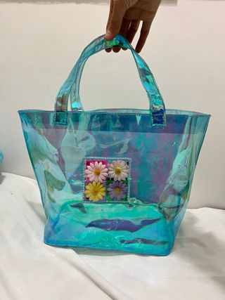 Borsa trasparente azzurra con fiori