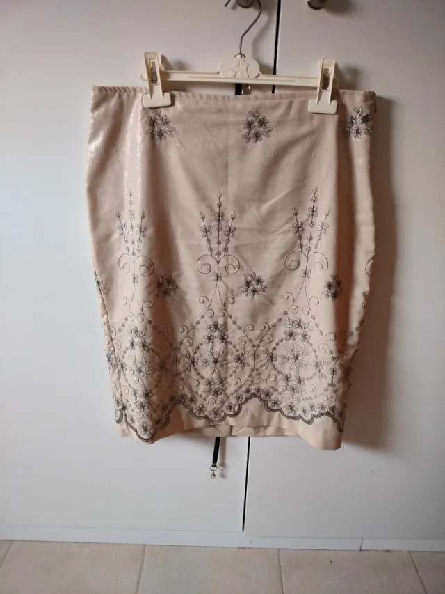 Falda tubo beige con bordado plateado
