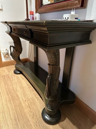 Consola recibidor madera verde y dorada