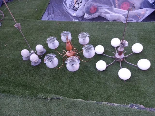 3 Lámparas Antiguas Cristal y Metal