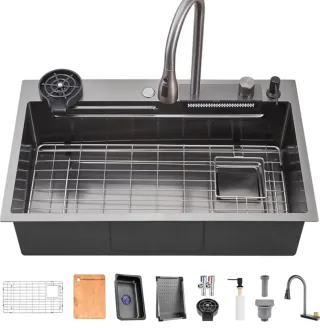 Fregadero Cocina Negro/Plateado con Accesorios