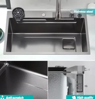 Fregadero Cocina Negro/Plateado con Accesorios