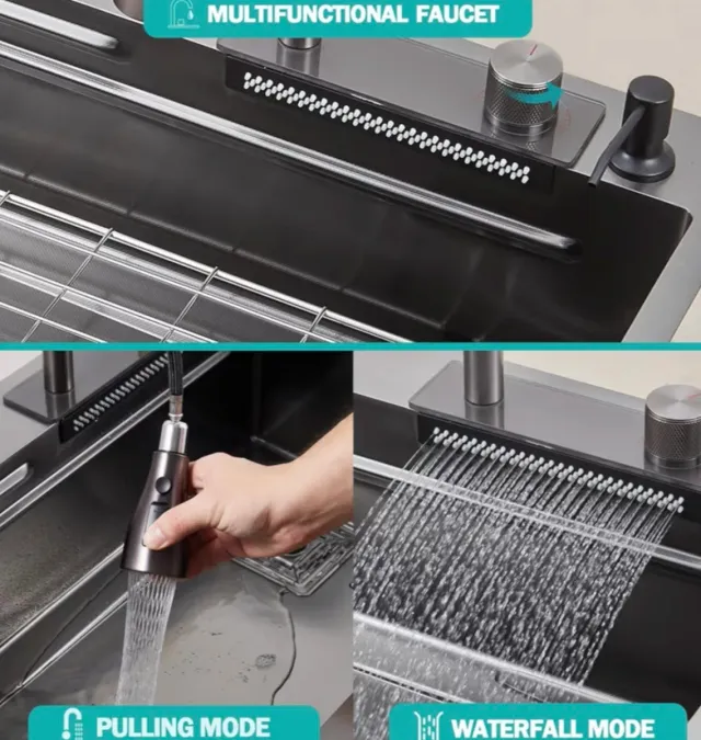 Fregadero Cocina Negro/Plateado con Accesorios