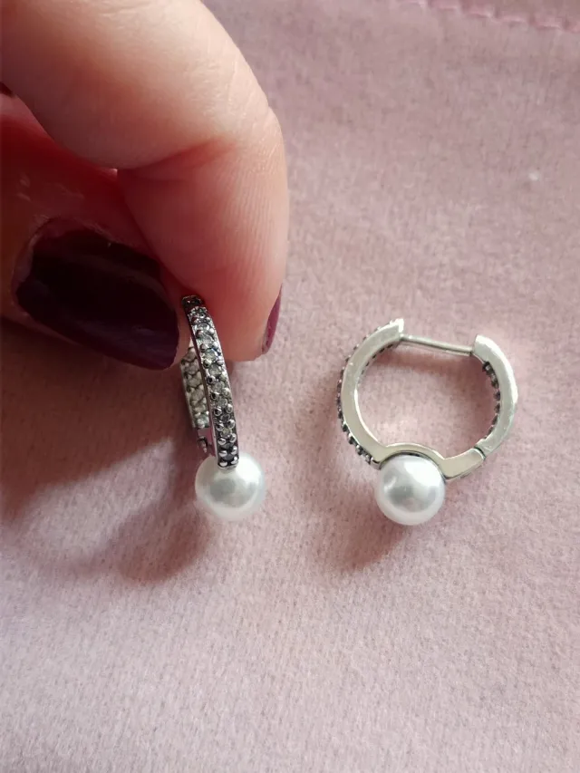 Pendientes aro circonitas y perla plata