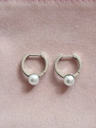 Pendientes aro circonitas y perla plata