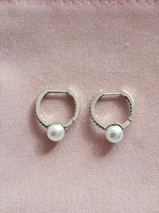 Pendientes aro circonitas y perla plata