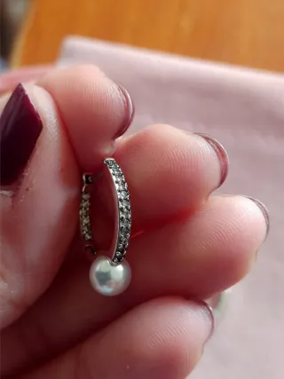 Pendientes aro circonitas y perla plata