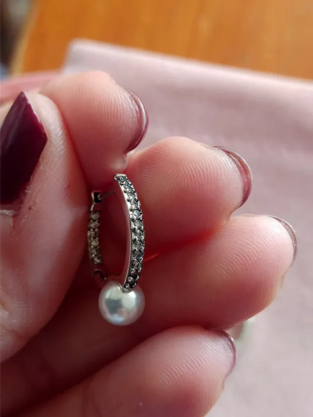 Pendientes aro circonitas y perla plata