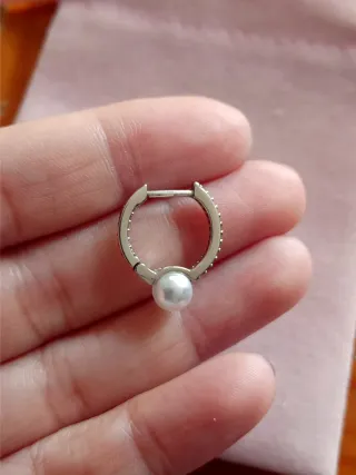 Pendientes aro circonitas y perla plata