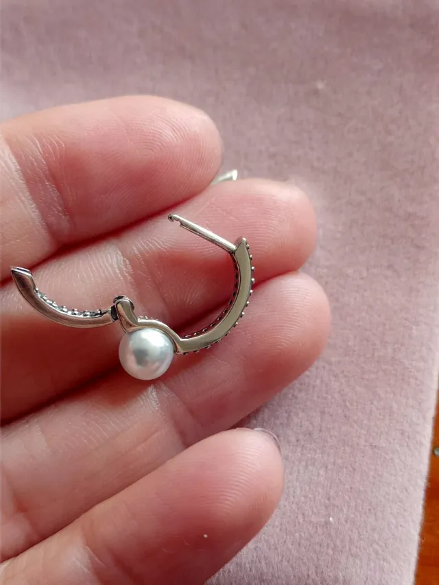 Pendientes aro circonitas y perla plata