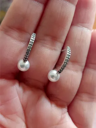 Pendientes aro circonitas y perla plata