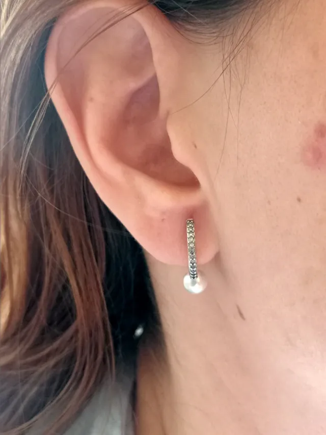 Pendientes aro circonitas y perla plata