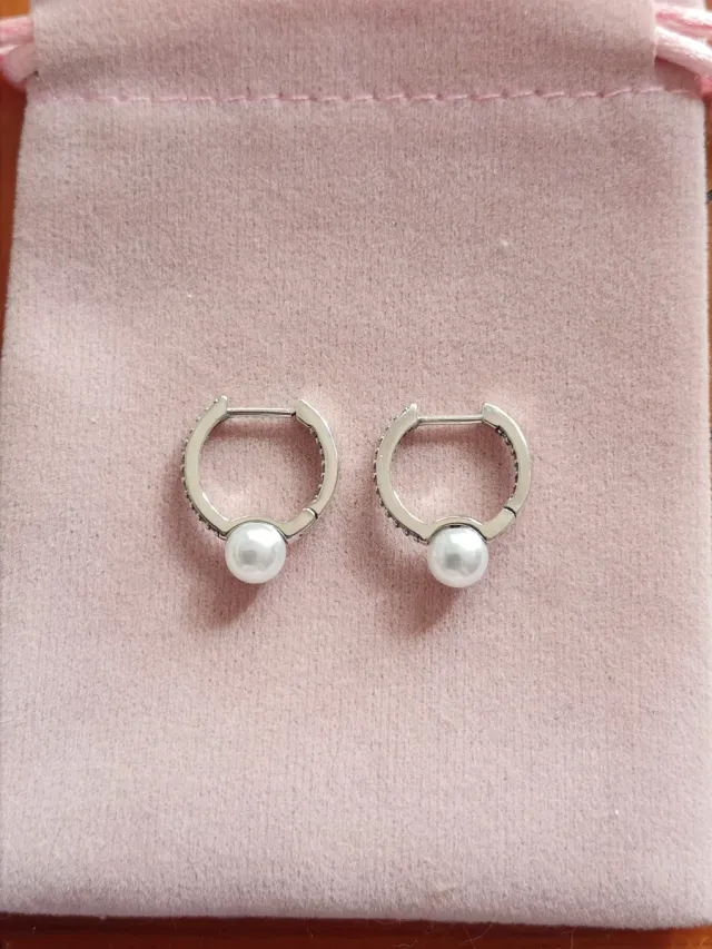 Pendientes aro circonitas y perla plata