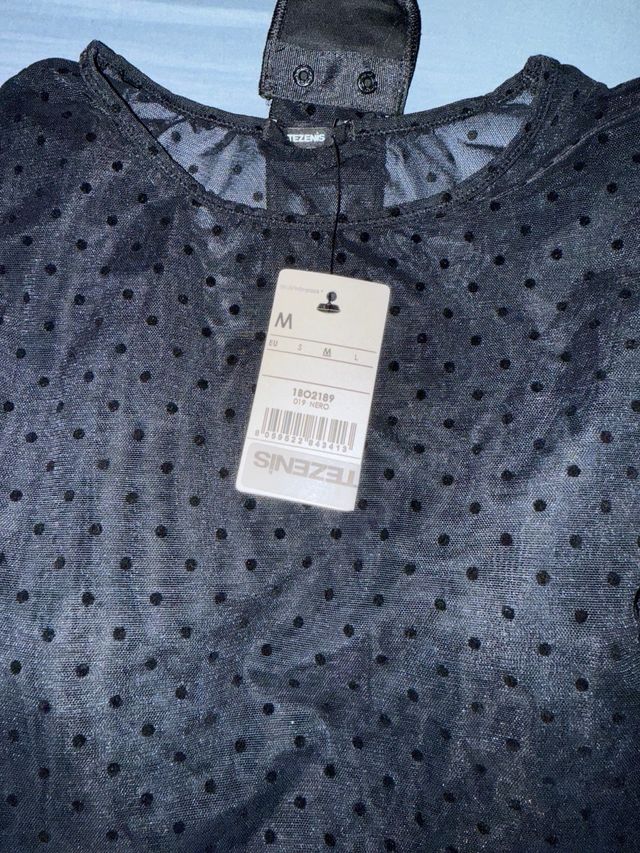 Body manga larga  negra lunares transparente.