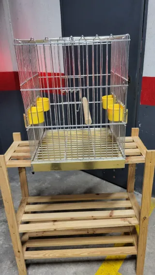 Jaula para ninfa plateada con accesorios amarillos