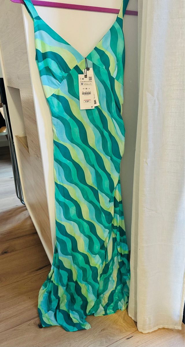 Vestido largo Zara estampado ondas verde M