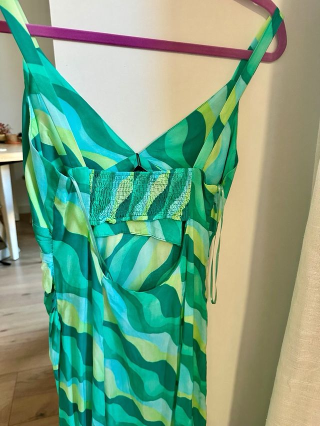 Vestido largo Zara estampado ondas verde M