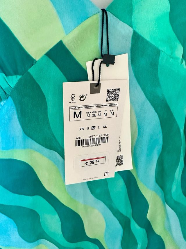 Vestido largo Zara estampado ondas verde M