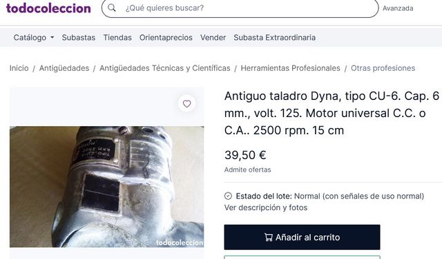 Antiguo taladro eléctrico DYNA CU-6, coleccionista