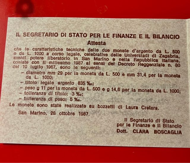 San Marino 2 Monete Argento 1987 Universiadi-Proof