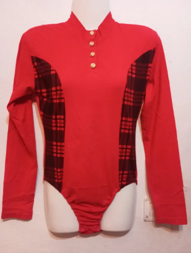 Body mujer manga larga cuadros rojo