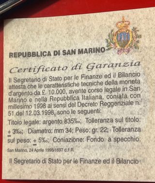 Moneta Argento 10000 Lire Ferrari 1988 Proof