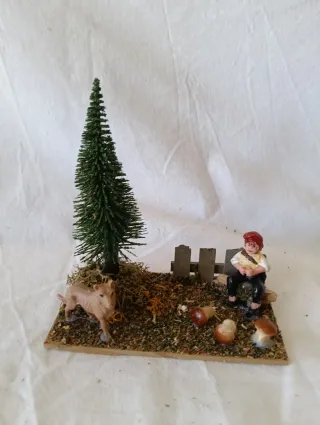 Belén niño, perro y bosque con setas