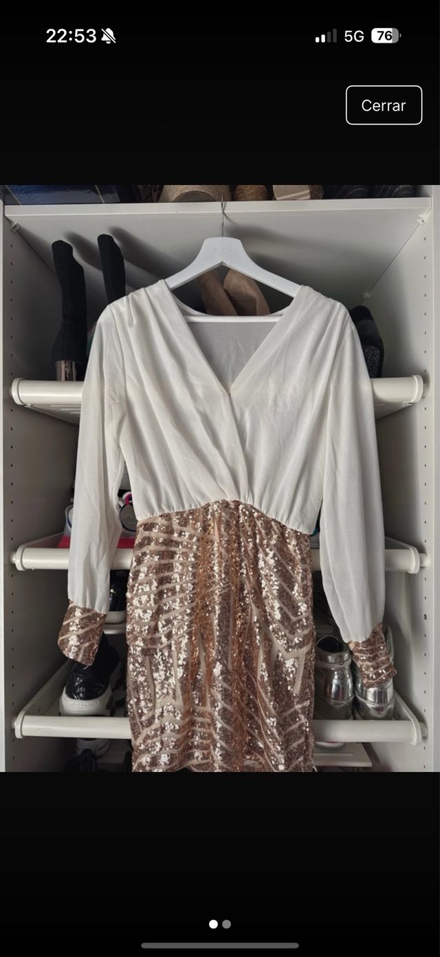 Vestido fiesta lentejuelas dorado y blanco