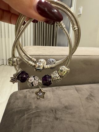 Pulsera Pandora Plata con Abalorios Morados 17cm