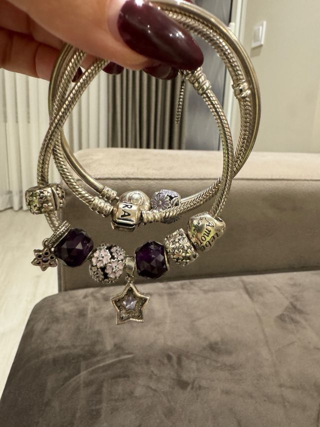 Pulsera Pandora Plata con Abalorios Morados 17cm