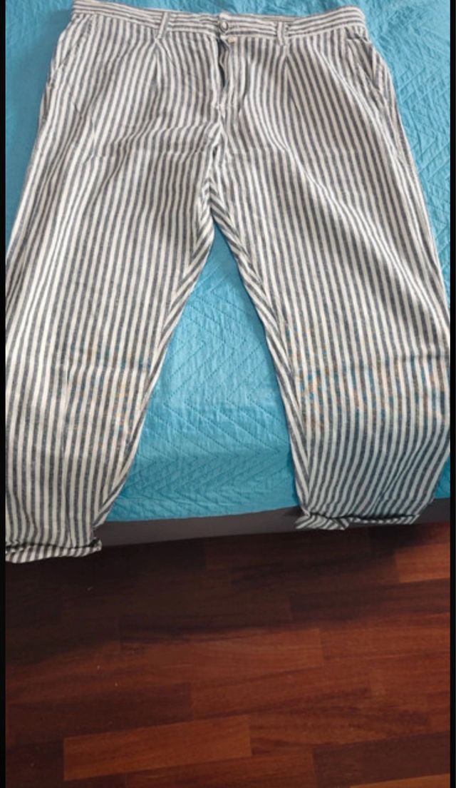Pantaloni uomo lino righe blu bianco taglia 50