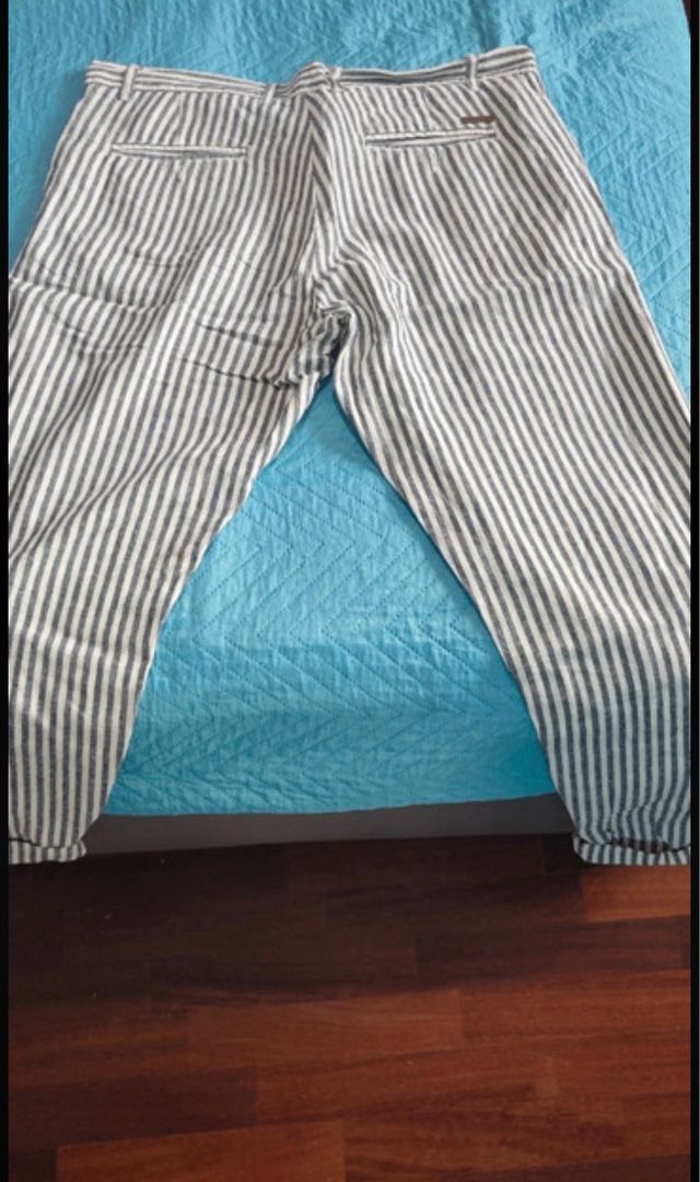 Pantaloni uomo lino righe blu bianco taglia 50