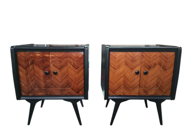 Coppia Comodini Vintage Legno Intarsiato