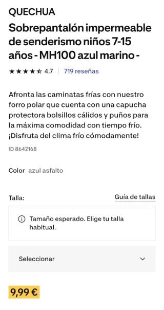 Sobrepantalón impermeable infantil Quechua 8 años