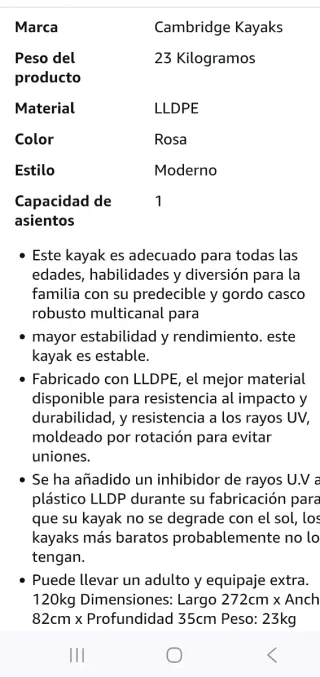 Kayak rosa con asiento y remo